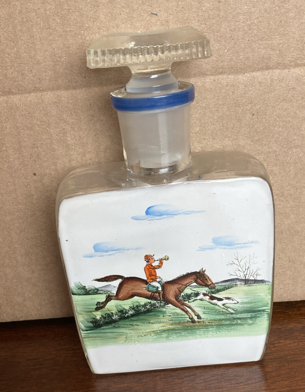 ANTIQUE 1930s-1950s PAINTED GLASS Decanter ~ FOX HUNT ~ 5.5”x3.5”x1.25”
