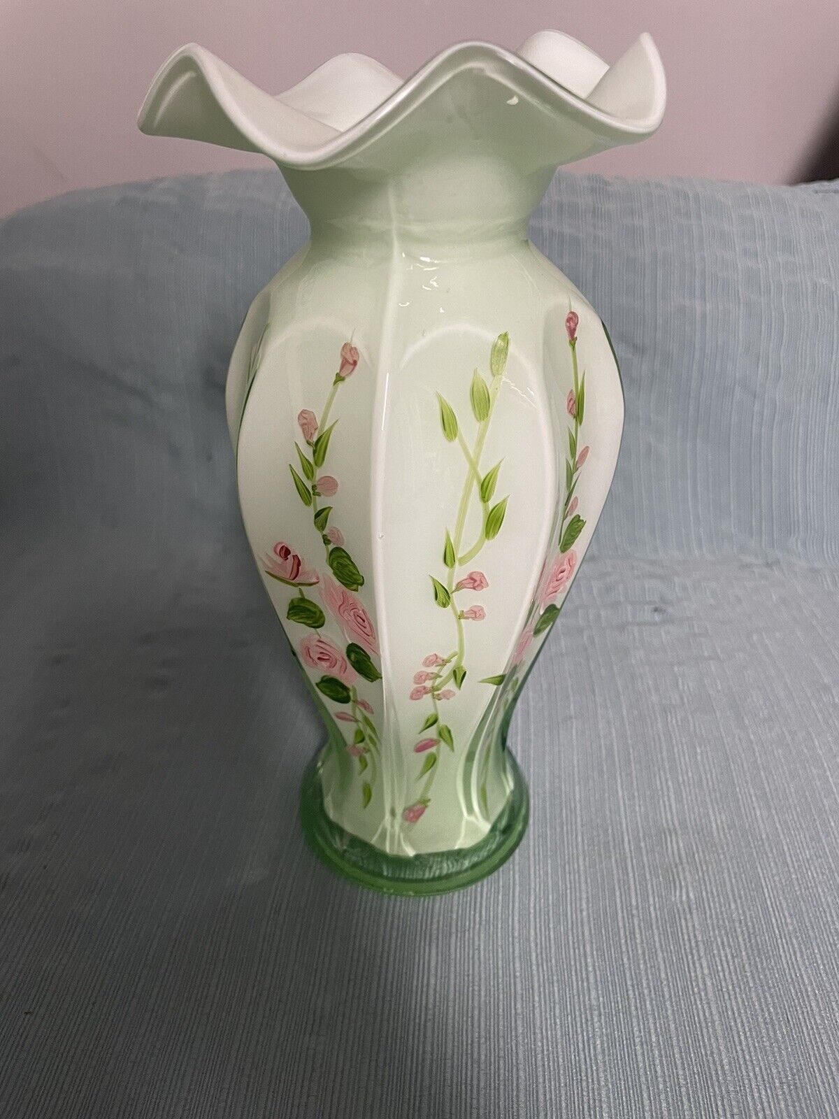Fenton Opaline Green Cased Glass Ruffle Floral Hand Painted Roses Vase 9.5” Tall