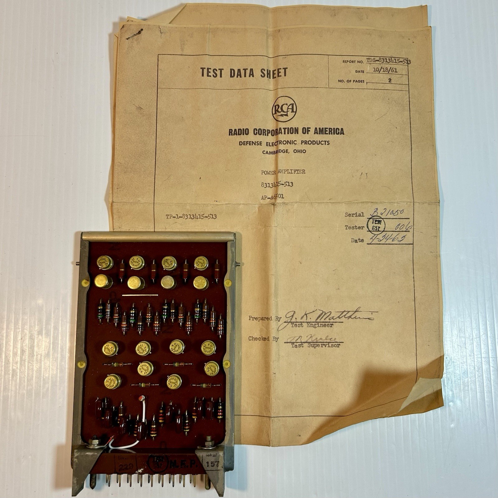 Vintage 1962 RCA Power Amplifier Circuit Board w/Miltary Paperwork Test Data