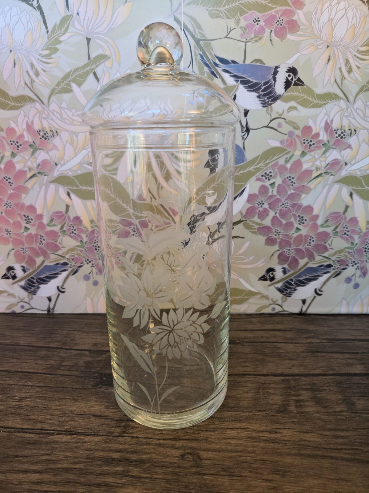 Vintage Pasabahce European Etched Glass Apothecary Jar w/Lid Floral Design