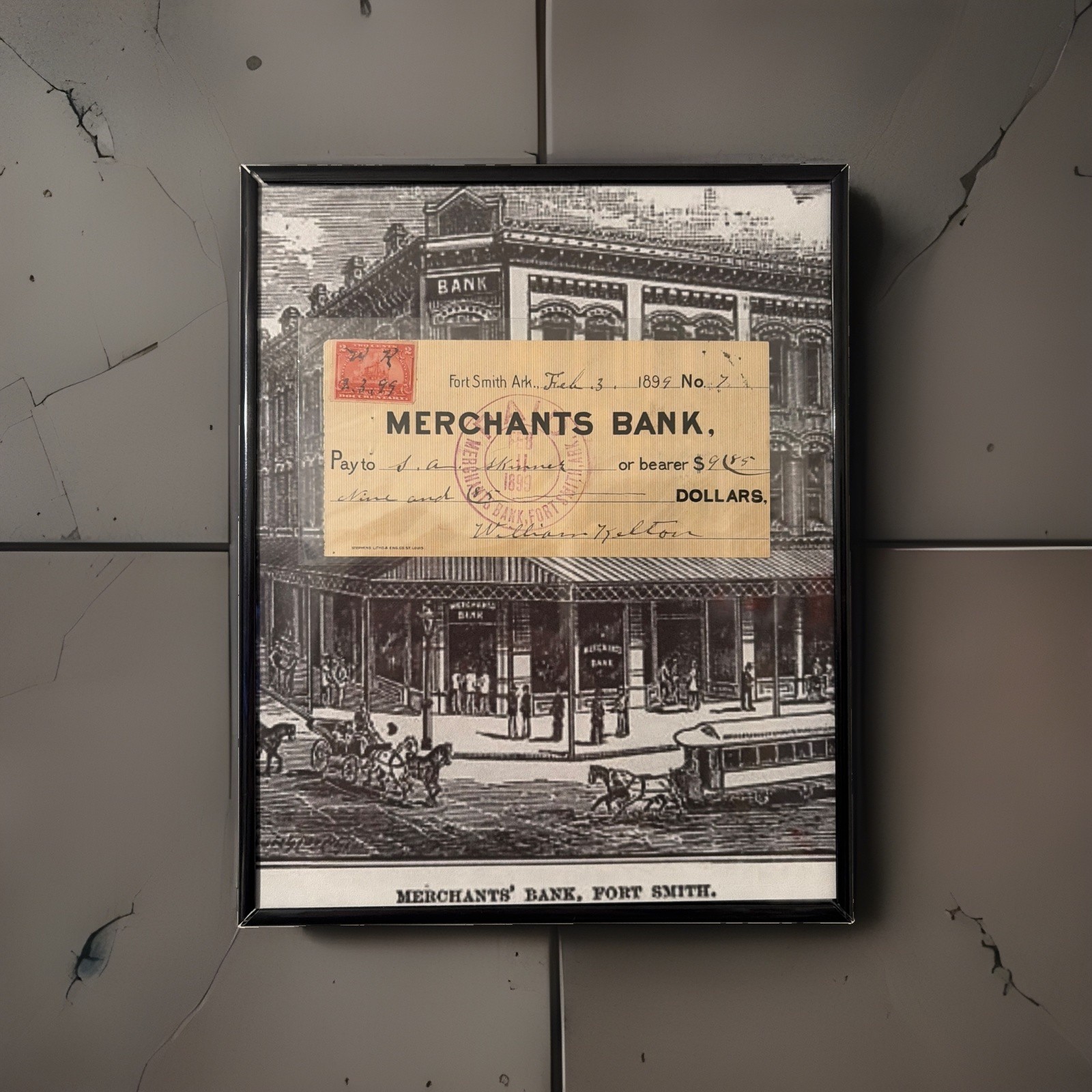 Framed Display February 3rd 1899 Check Merchant’s Bank Fort Smith Arkansas VTG