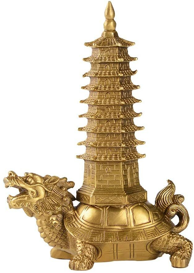 16.5cm Brass Feng Shui Statue Dragon Turtle Wenchang Pagoda Home Office Decor
