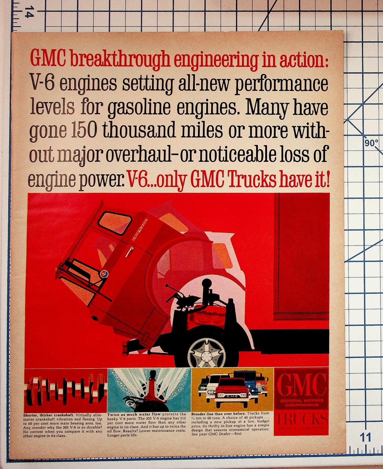 Vintage 1960s GMC Trucks V6 Engine Advertisement Print Ad Automotive Art