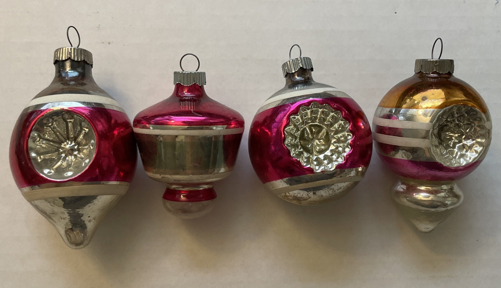 4 Vtg Shiny Brite Indent & Solid Stripe Christmas Ornaments Mercury Glass READ