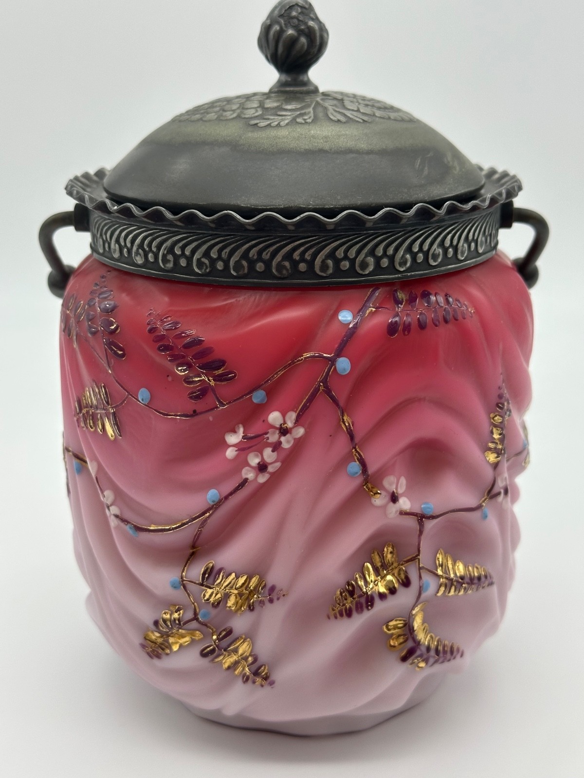 Mt Washington Royal Flemish Biscuit Jar Pink Satin Glass Enameled 1894