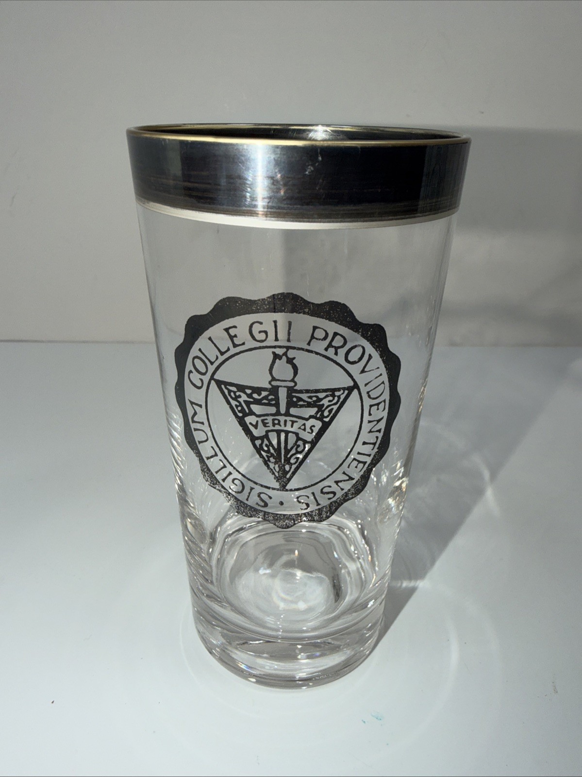Vtg Lot7 Providence College drinking glasses Silver Plated Rim College Seal 5.5”