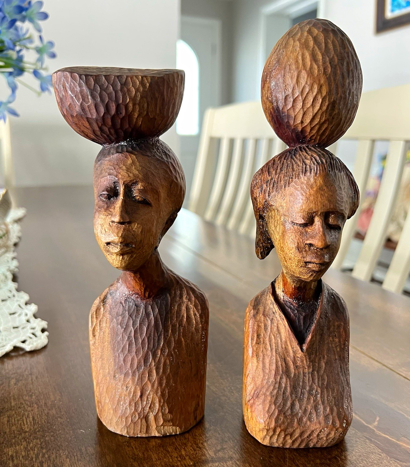 Vintage Dominique hand carved signed wood women figurines set of 2 MCM brown