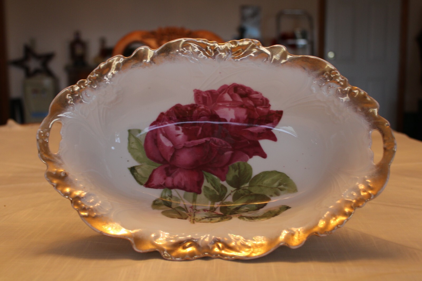 Rose Vtg Elegant Serving Bowl Large Porcelain China Tall Raised Floral Pattern