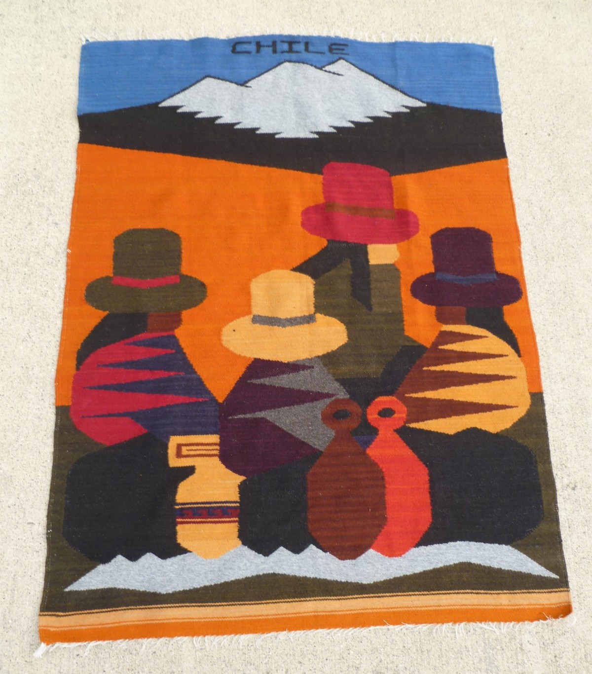 Vintage Latin America Chile Hand-Woven Wool Andean Folk Art Wall Tapestry Rug