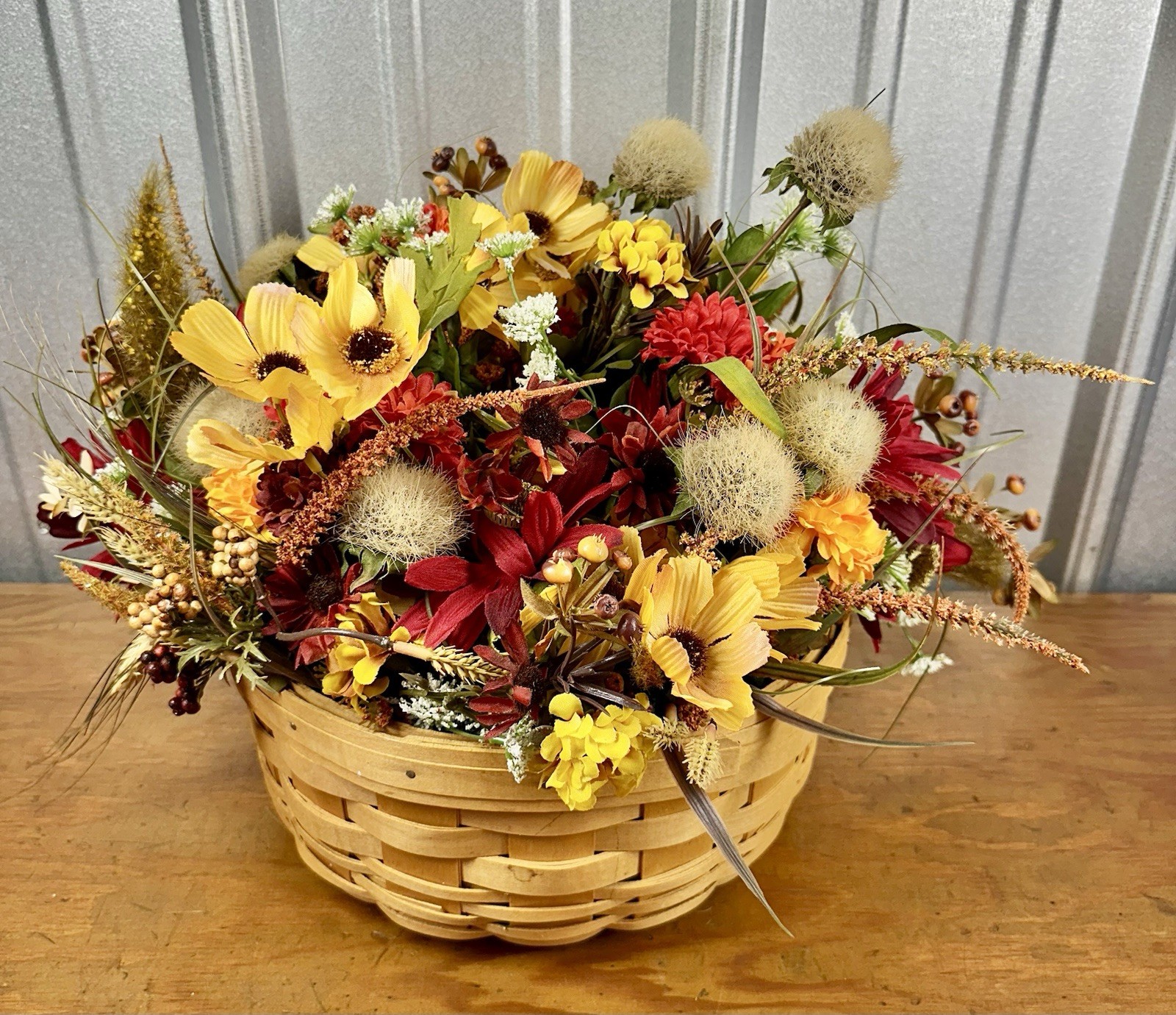 Vintage 2002 Longaberger Round Hardwood Basket Autumn Floral Centerpiece Decor