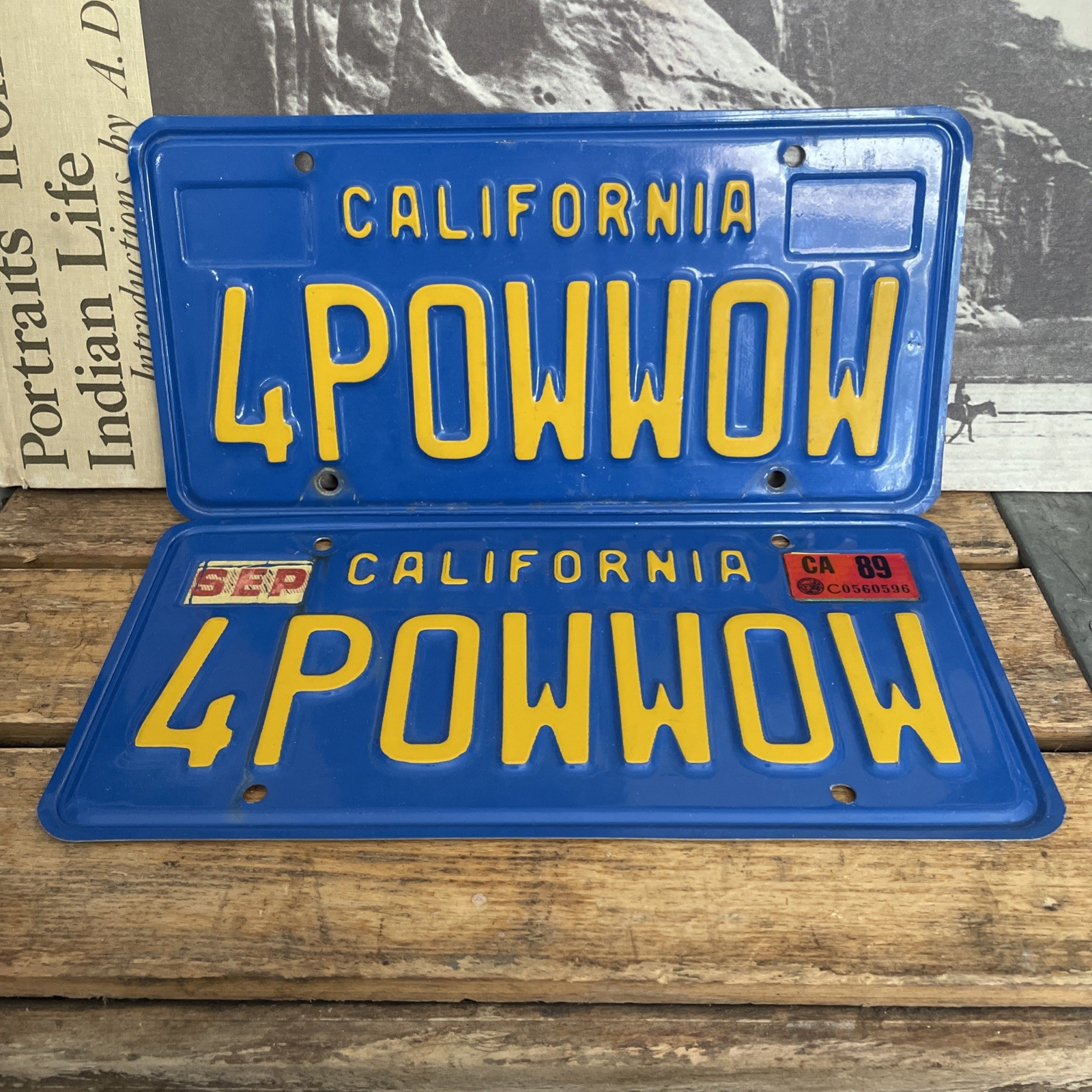 VTG 70s California Vanity License Plate Pair “4POWWOW” Native Indian DMV CLEAR