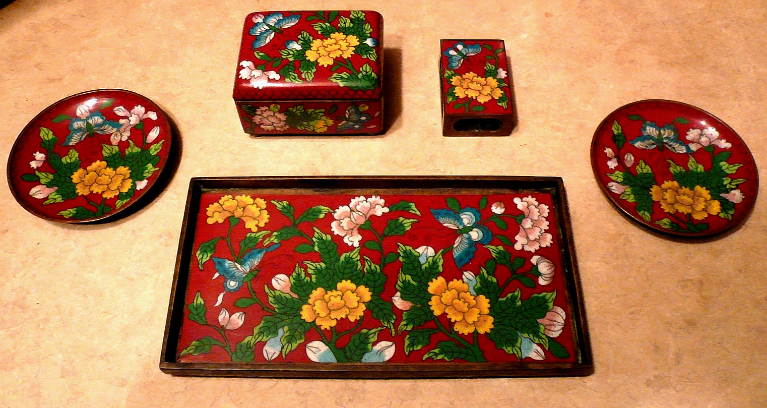 Fine Antique Chinese FIVE PIECE CLOISONNE SMOKING SET 8\ Fine Antique Chinese FIVE PIECE CLOISONNE SMOKING SET 8\