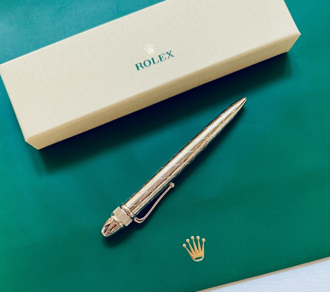 Rolex Vintage Style Silver Tone Diamond Pattern Steel Ballpoint Pen Box Ad Gift