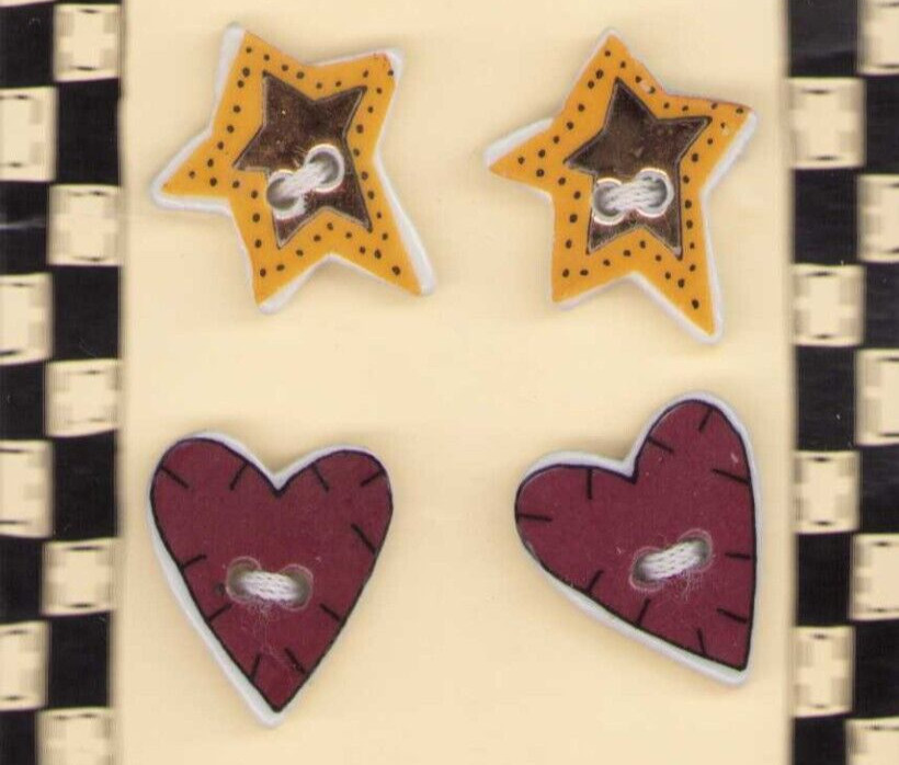 Lot of 4 Vintage Ceramic Buttons Original card Hearts Stars Red Yellow Black