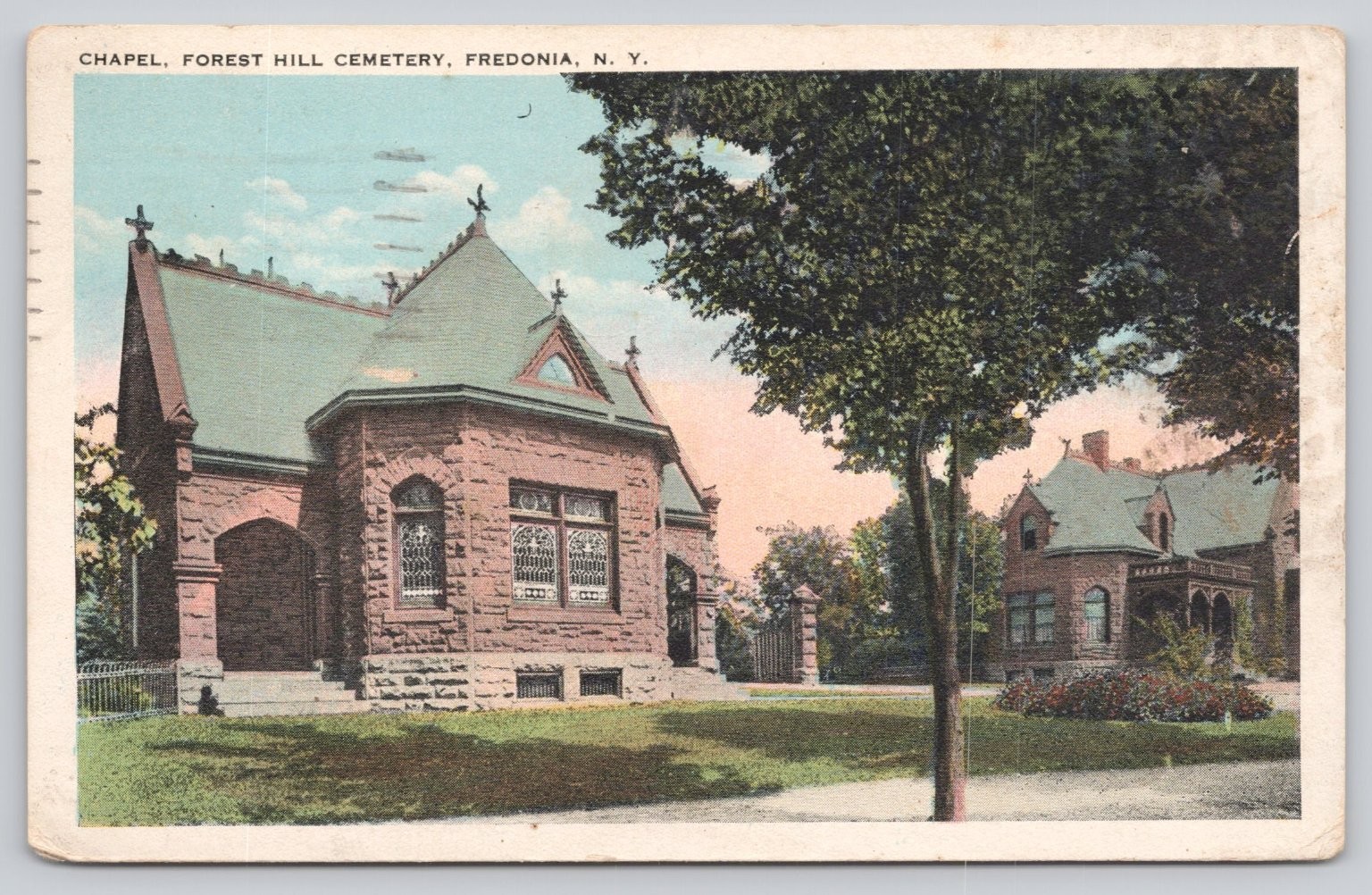 Fredonia NY Forest Hill Cemetery Chapel Vintage Postcard 1937 Posted Fredonia NY Forest Hill Cemetery Chapel Vintage Postcard 1937 Posted