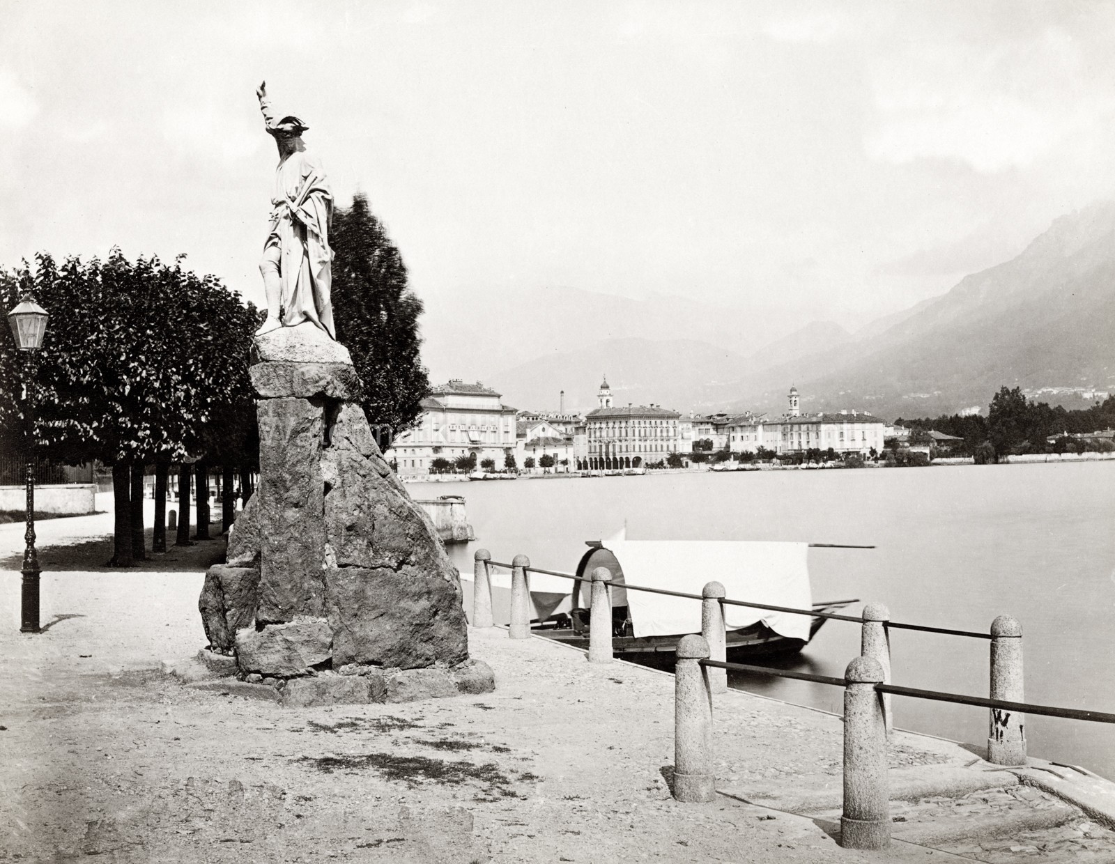 William Tell Statue Lugano Switzerland Lake Waterfront Vtg. Photo 19thC.