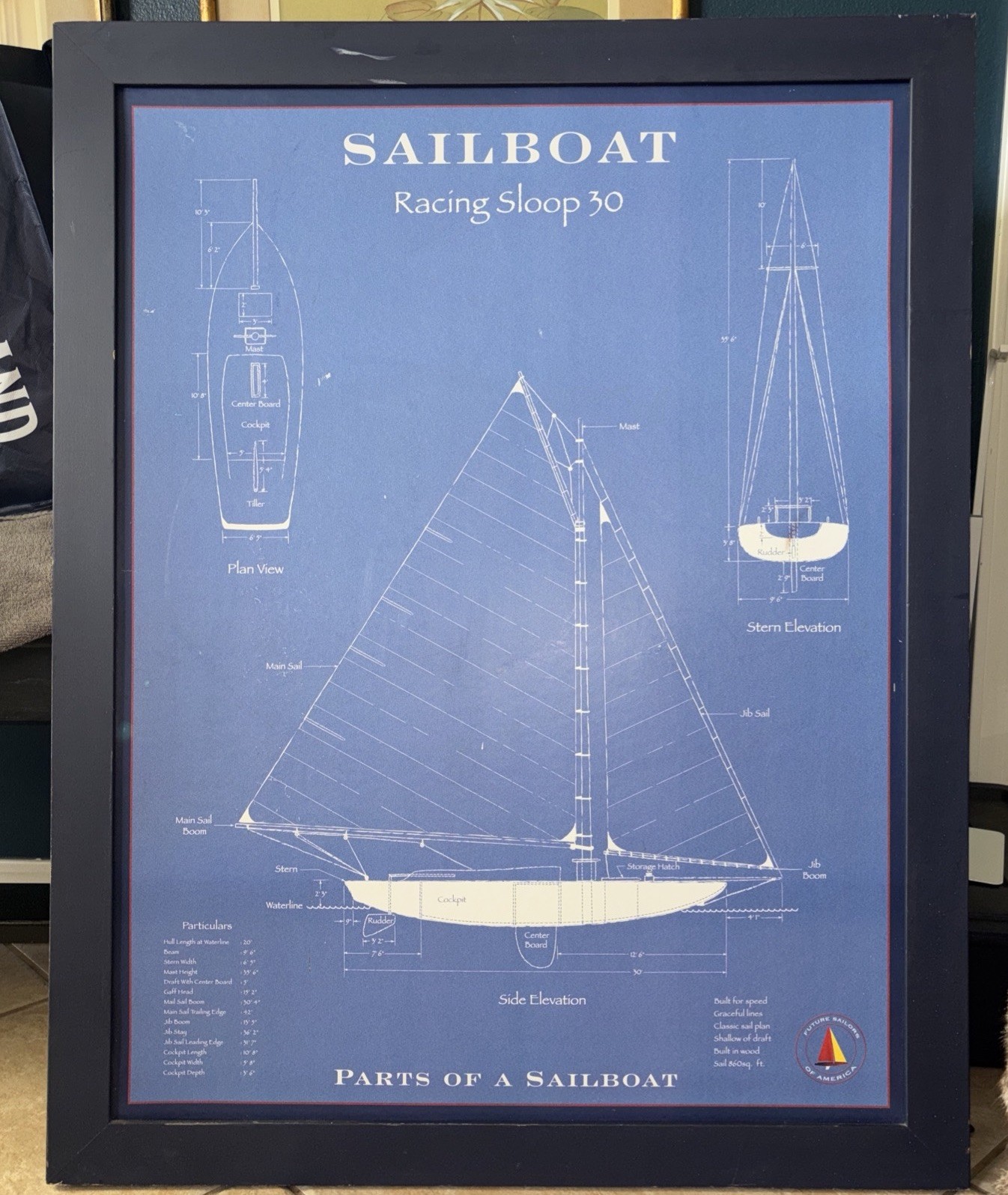 VTG FUTURE SAILORS OF AMERICA Framed Sailboat Blueprint Racing Sloop 30