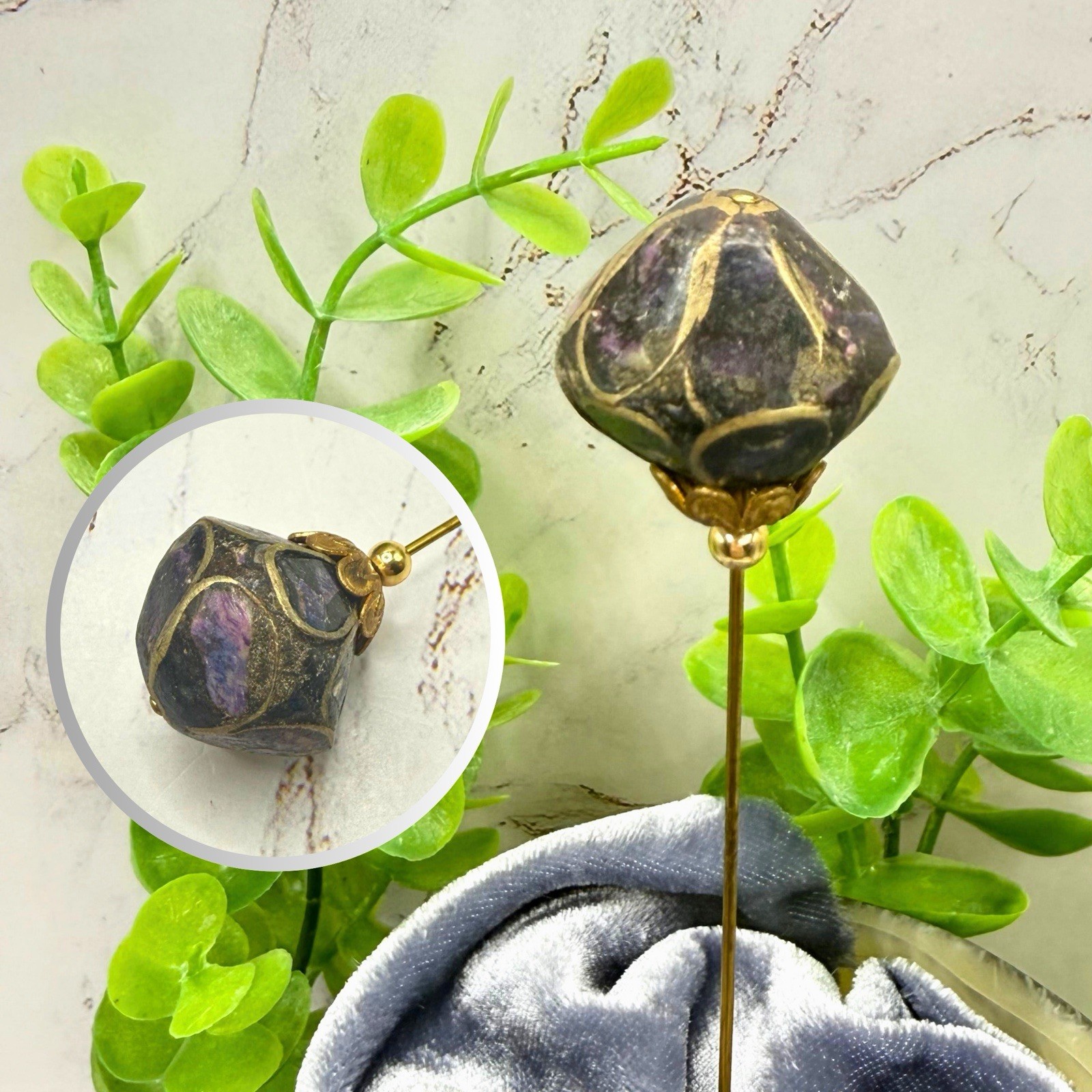 Deep Purple Gold Tone Contour Line Painted Metal Floral Bud Shape 6 Inch Hatpin
