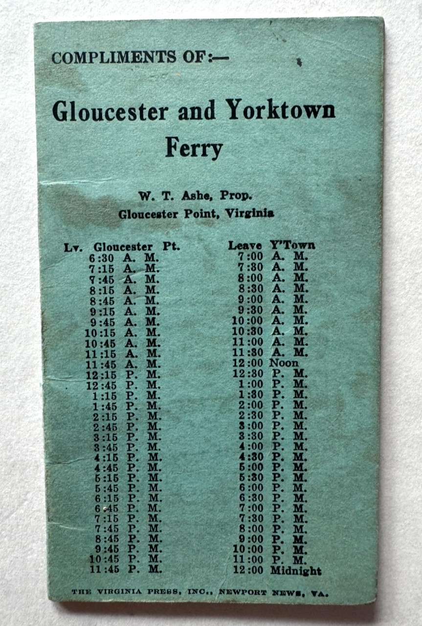 Vintage 1926 Virginia Ferry Timetable Booklet Yorktown Norfolk Newport News