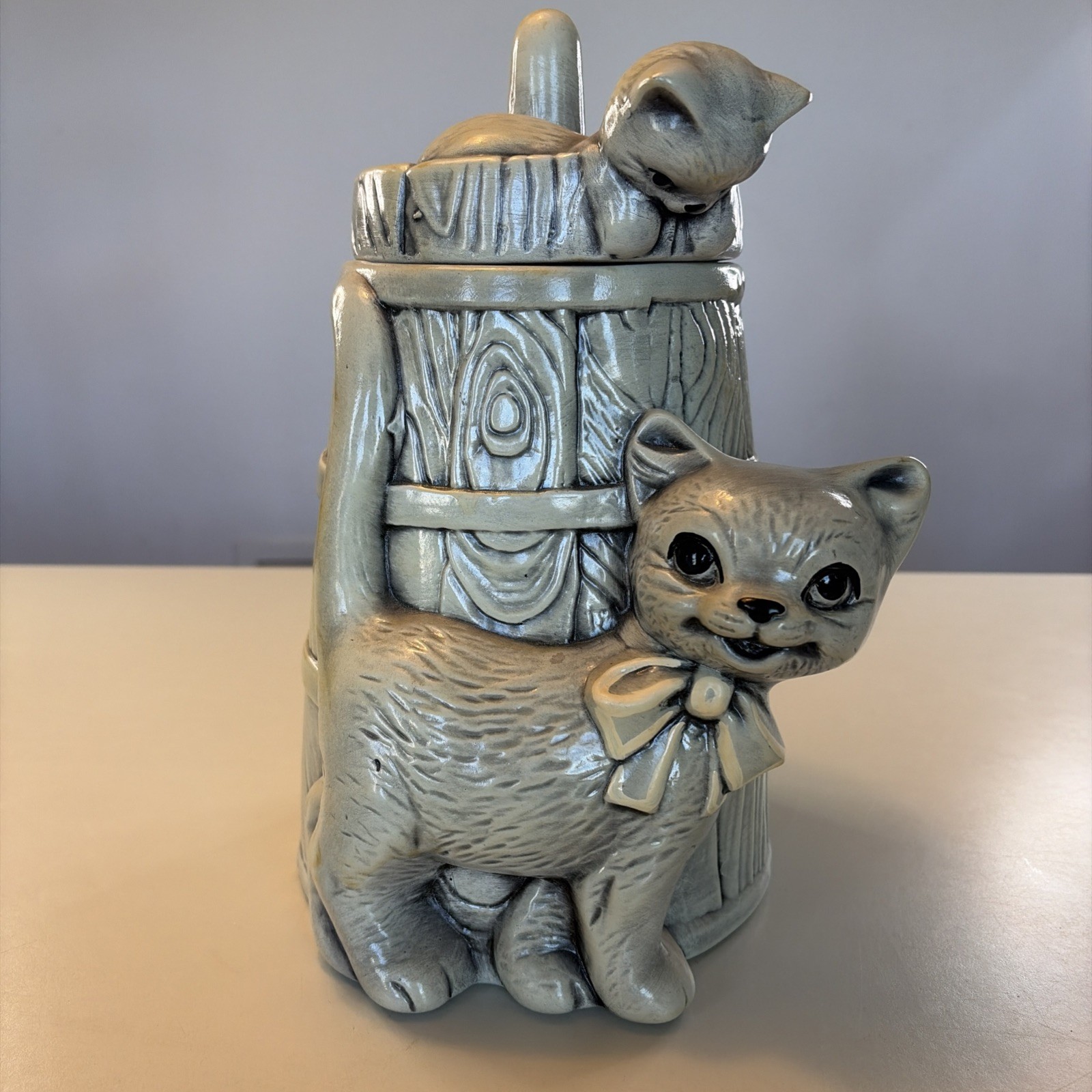 RARE Vintage Retro Twin Winton Cookie Jar Butter Churn Cat Kitten Bow