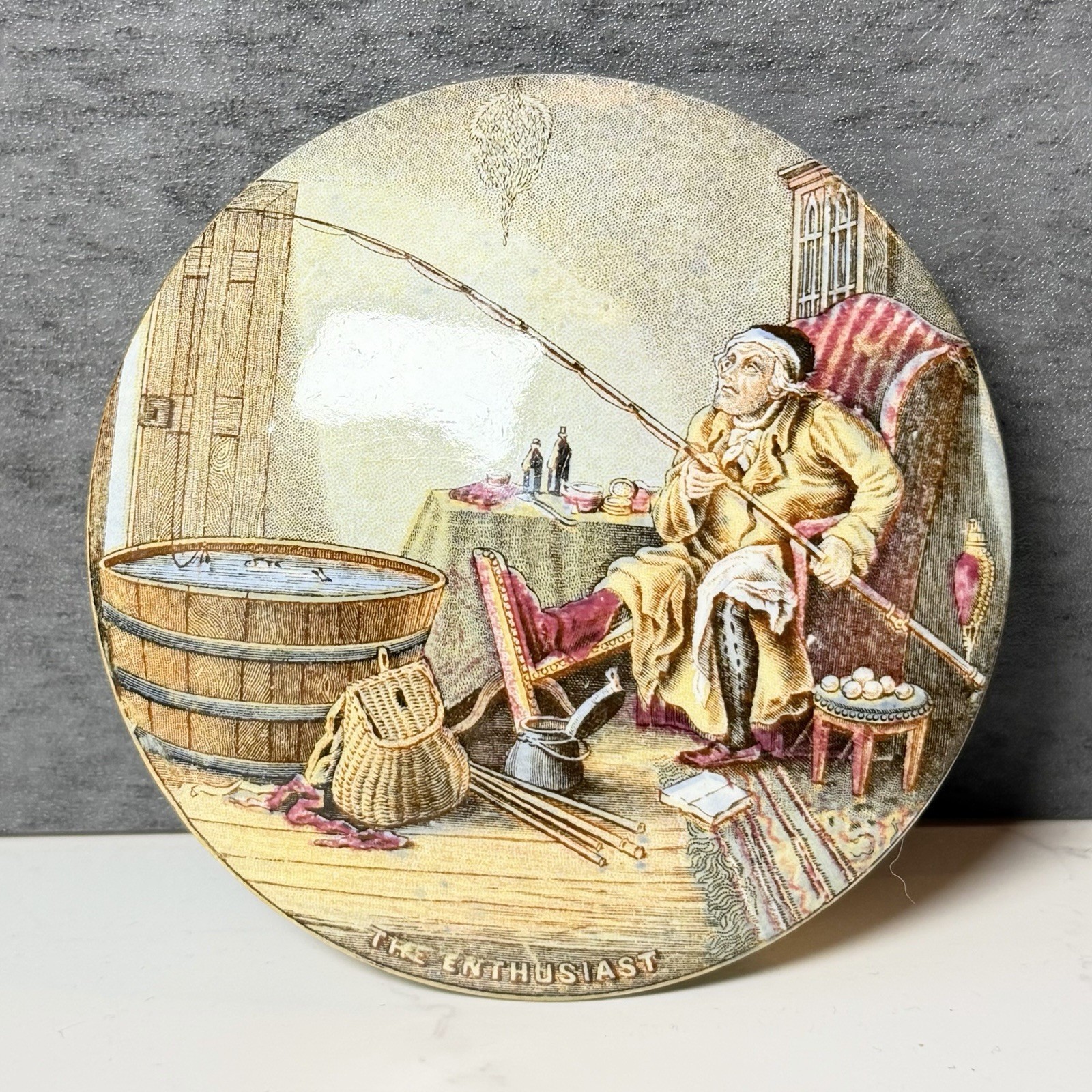 Antique Victorian Prattware Porcelain Pot Lid Box “The Enthusiast” 19th Century