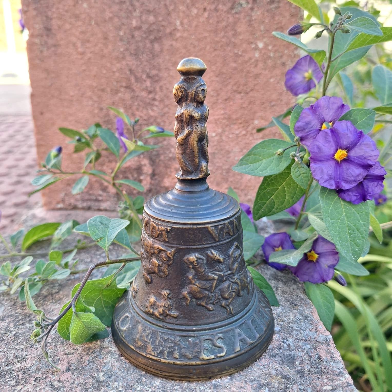 Antique Bronze Bell With Historical Reliefs and Figure 19th Century
