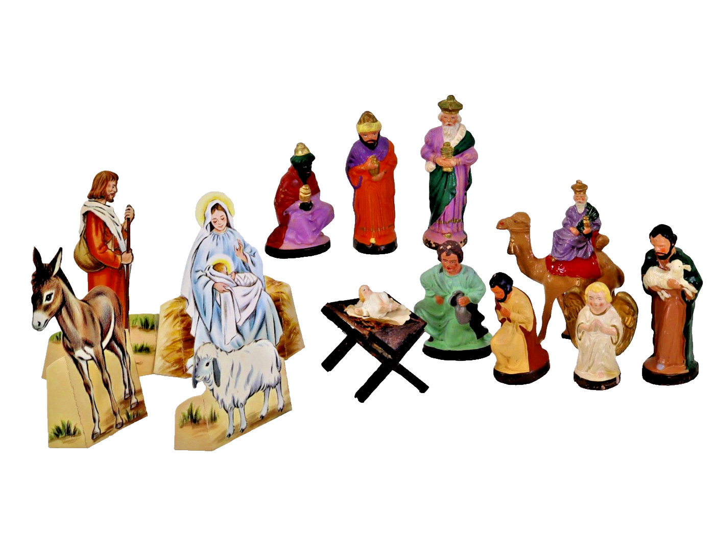 14 pc Antique Germany Elastolin Nativity Scene composition & paper Lot vtg