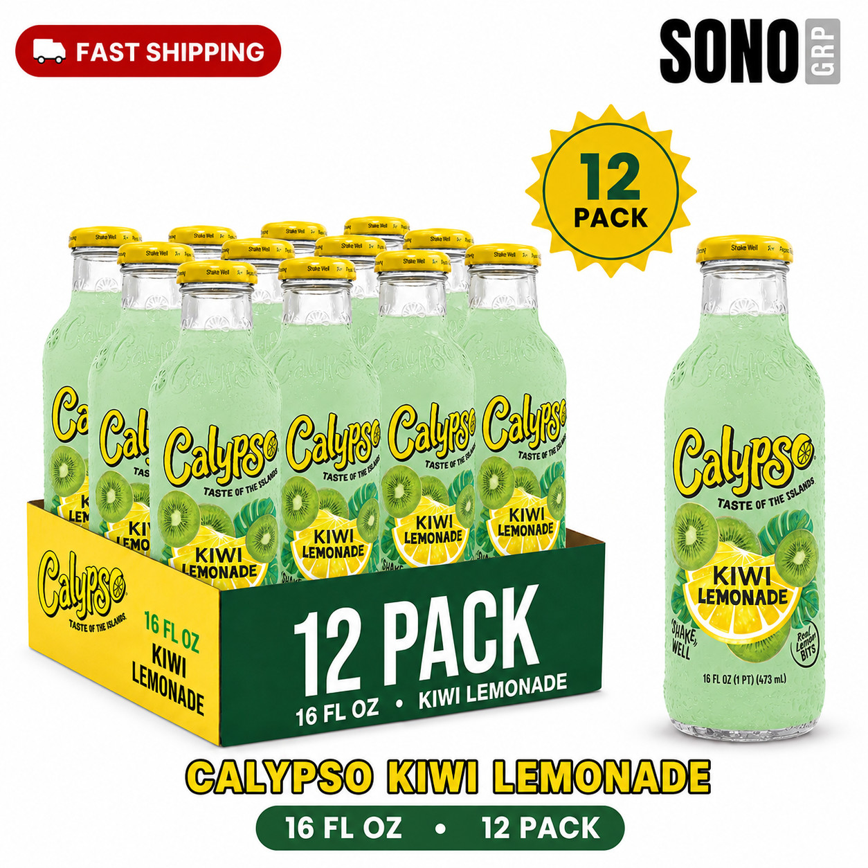 Calypso Kiwi Lemonade 16 Fl Oz, 12 Pack Glass Bottles