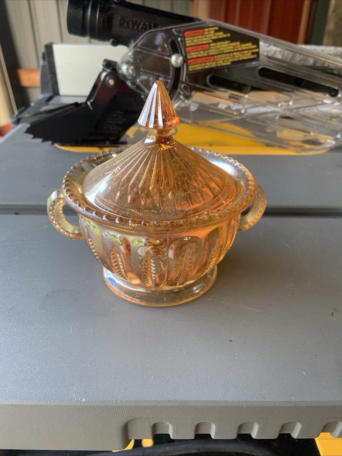 Vintage Jeannette Anniversary Marigold Iridescent Covered glass Sugar Bowl W/Lid