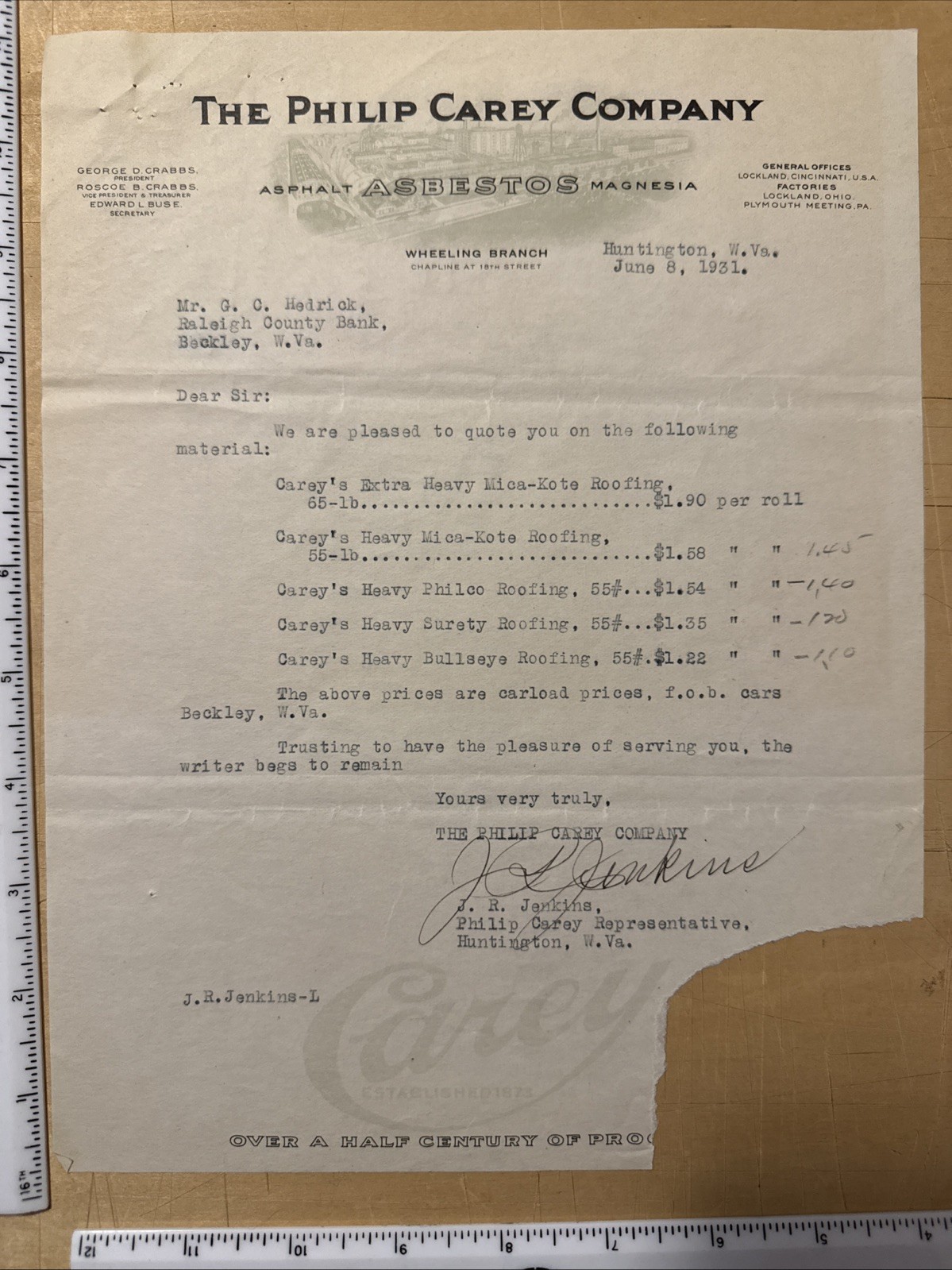 1931 Letter The Philip Carey Company Huntington West Virginia