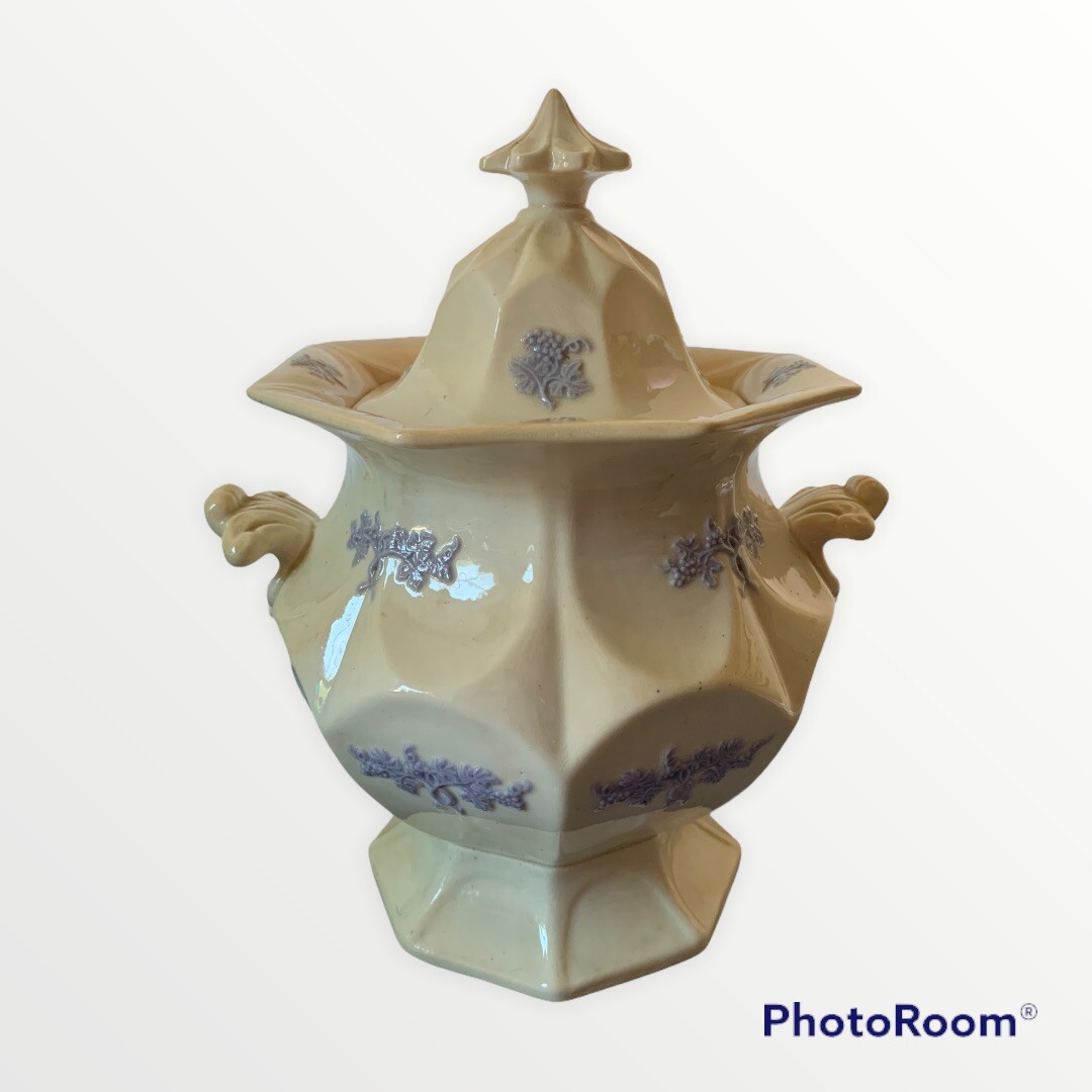 Mid-Victorian Bone China Covered Sugar Bowl White With Lavender Grape Accents Mid-Victorian Bone China Covered Sugar Bowl White With Lavender Grape Accents