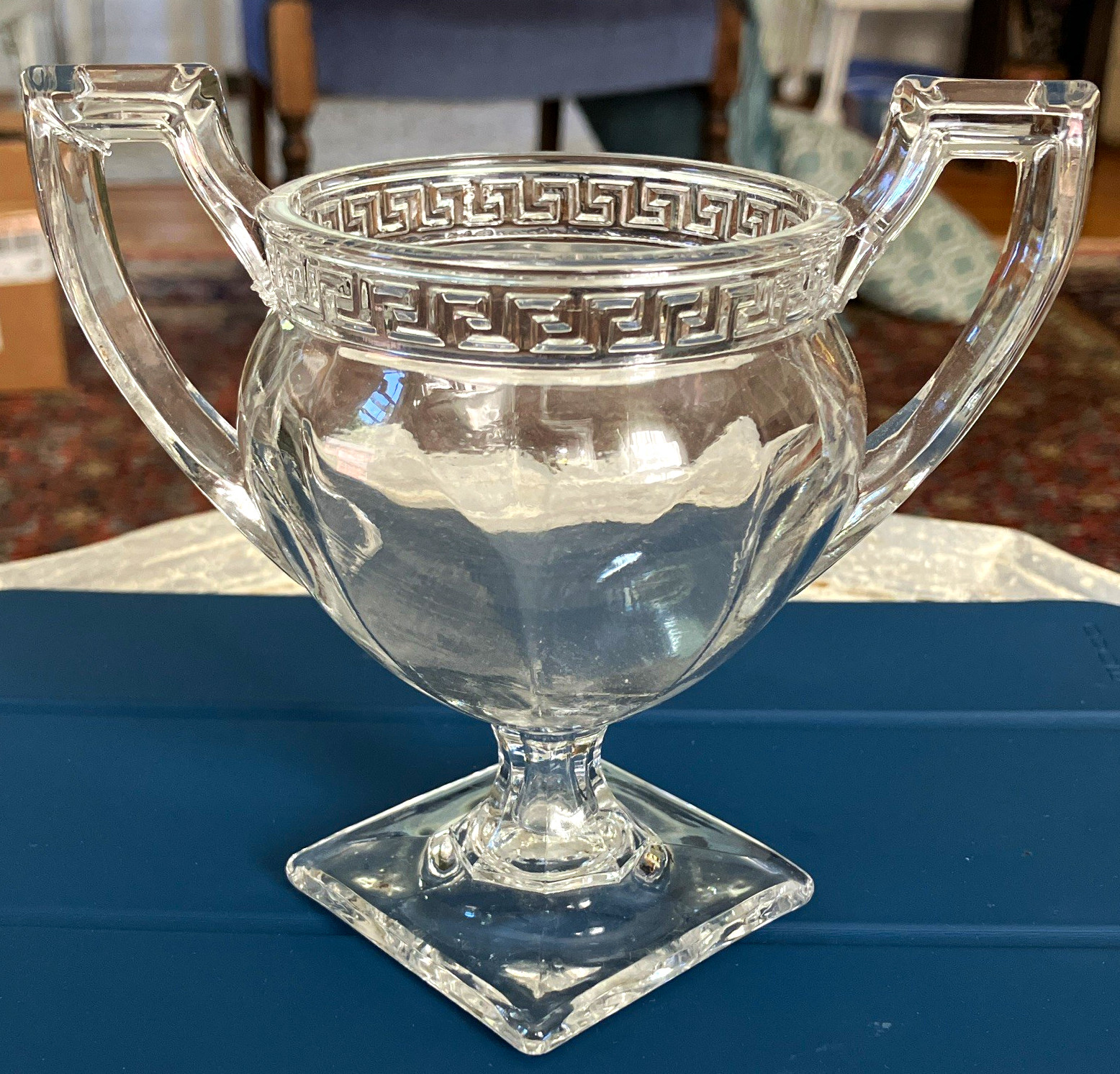 Sheraton EAPG Clear Glass Open Sugar Bowl Trophy Handles Greek Key US Glass Co