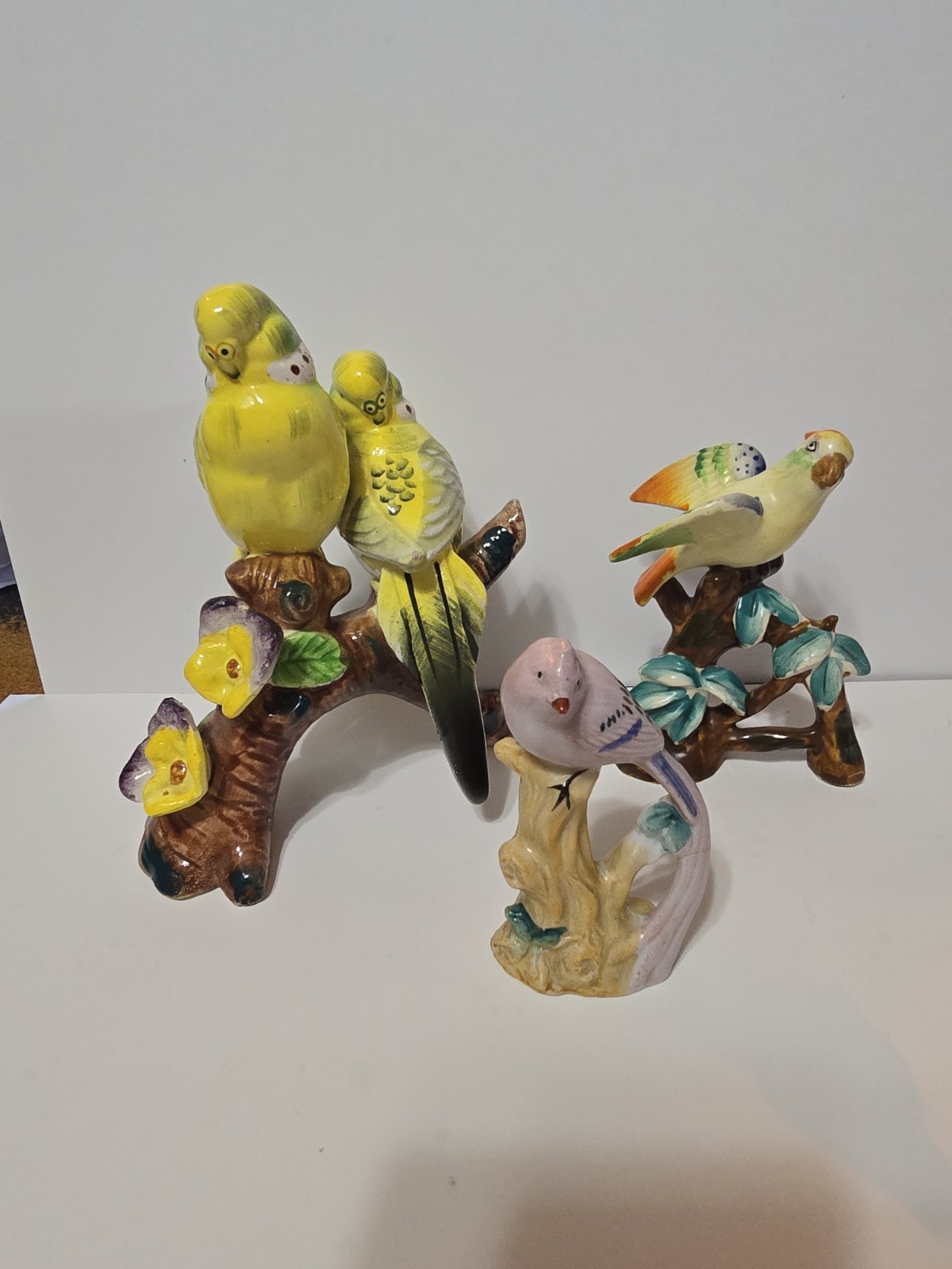 Vintage Parakeet figurines Occupied Japan Bisque porcelain Japan lot of 3 birds