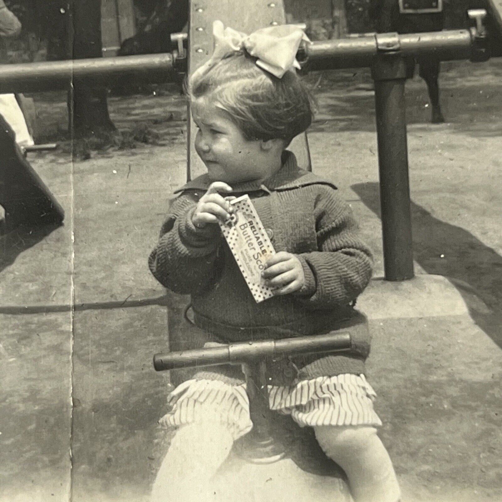 Vintage B&W Photograph Adorable Little Swing Box Of Reliable Butterscotch Candy