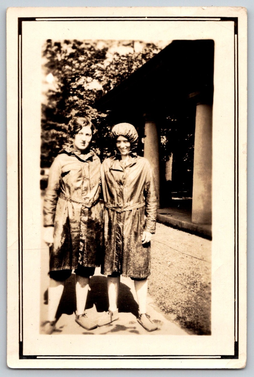 1920s-30s Snapshot photo Two Women-Glossy Slicker Raincoats & Hood \