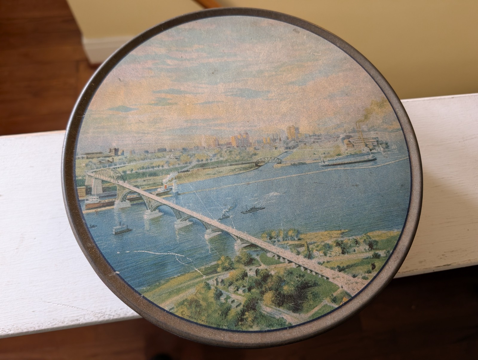 1927 Hall Baking Co Buffalo NY HALLPRYD Metal Cake Tin Peace Bridge Ft Erie NICE