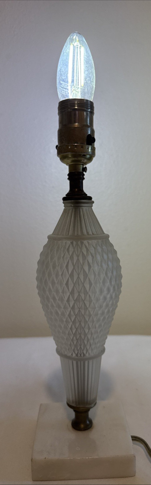 Vtg. Frosted Glass Boudoir Lamp Diamond Quilted Pattern, Marble & Copper Works