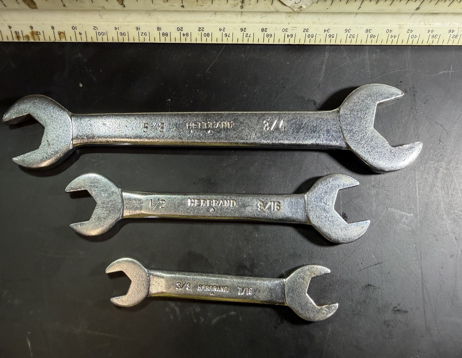 Vintage HERBRAND Open End Wrench Set 3 Pc Raised Panel SAE 3/8 - 3/4 Made in USA