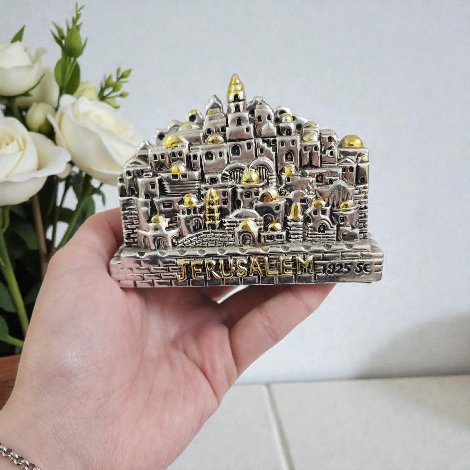 Vtg Jerusalem Israel Judaica Silver Plated Napkin Letter Holder Cityscape 925 SC