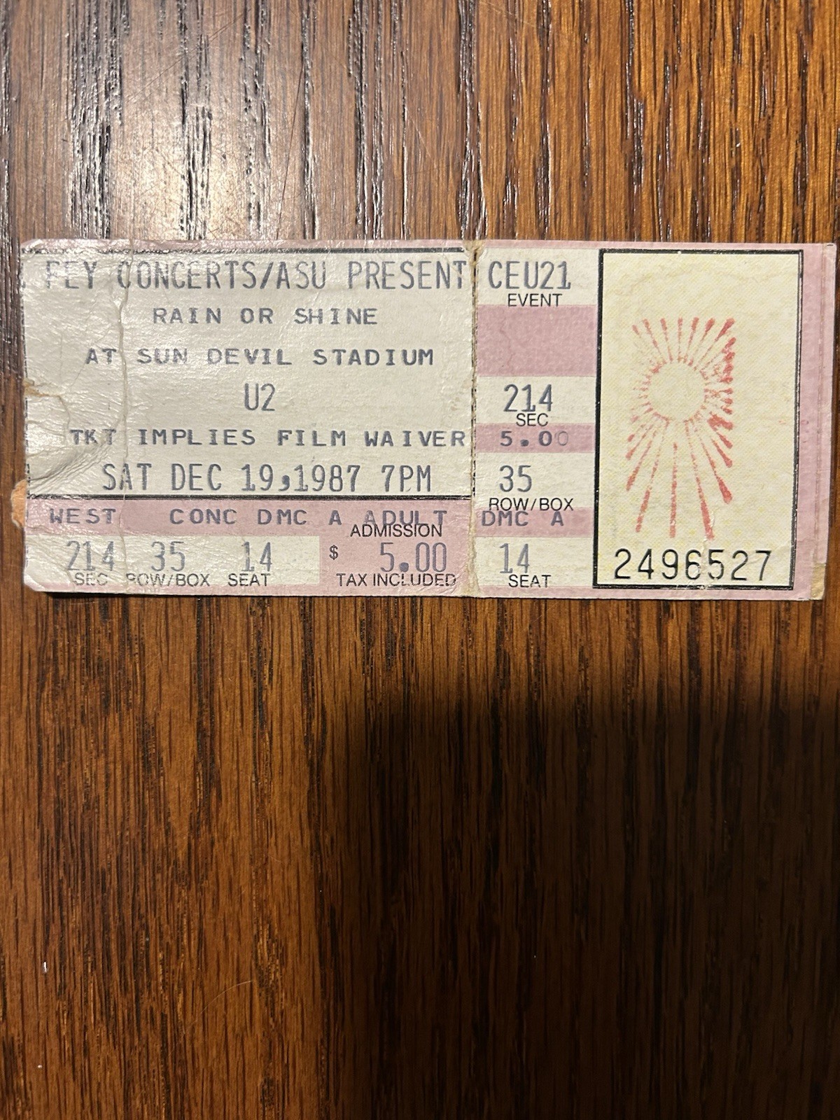 Vintage 1987 U2 Sun Devil Stadium Ticket Stub Rattle And Hum Film Waiver Joshua