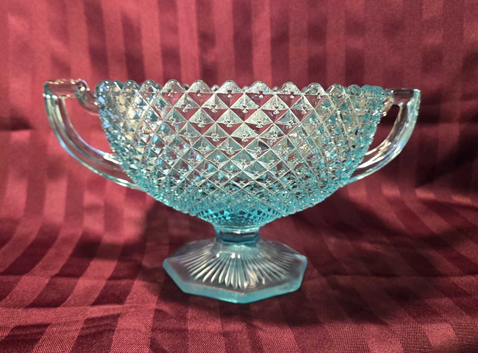 Vintage, WESTMORELAND GLASS, Hobnail Turquoise Blue Two-Handled Footed Bowl
