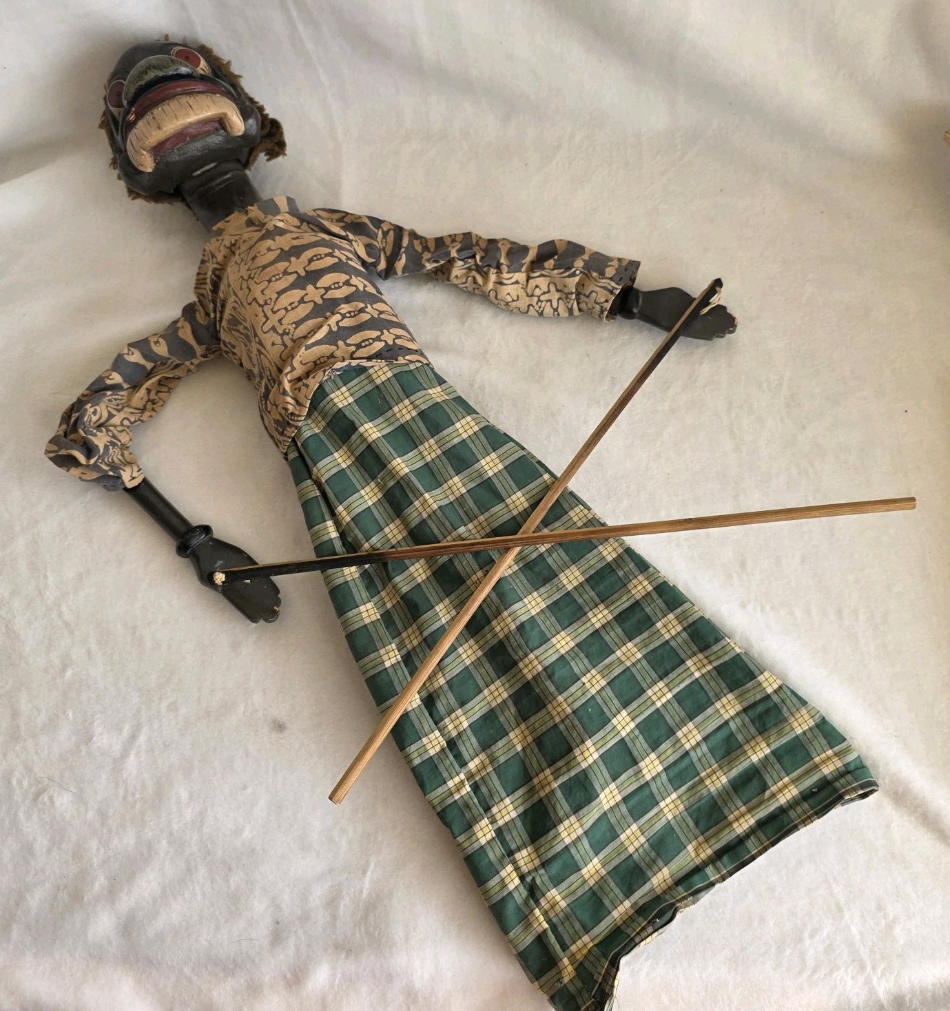 Vintage Wayang Golek Indonesian Wood Rod Puppet Ogre Buta Java Batik Hand Carved