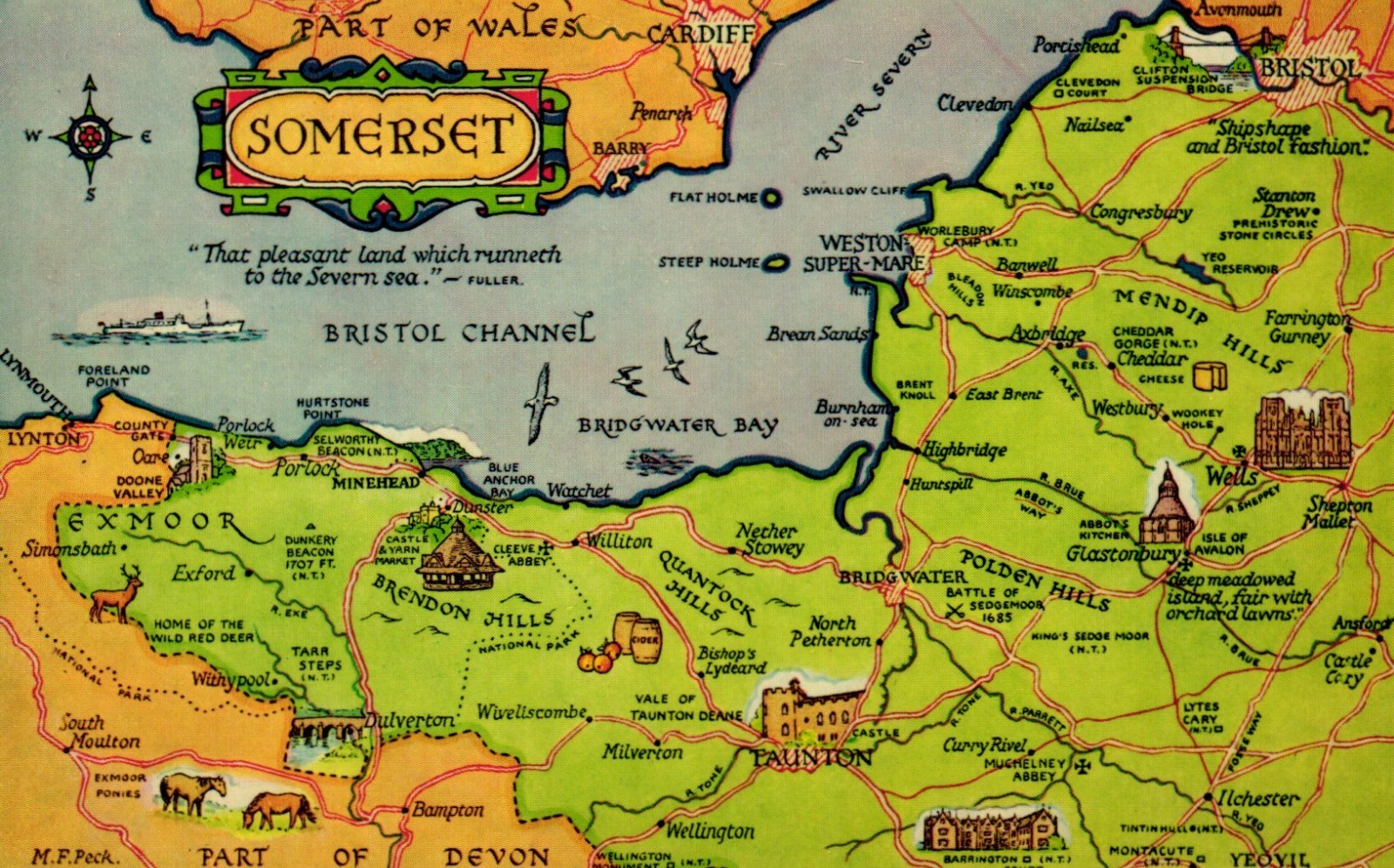 Map Somerset England Postcard Map Somerset England Postcard