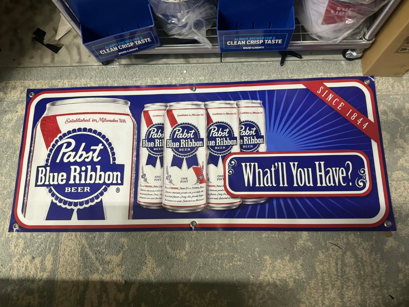 Pabst Blue Ribbon PBR Beer Banner 48x20 Vintage Bar Mancave Garage Wall Decor
