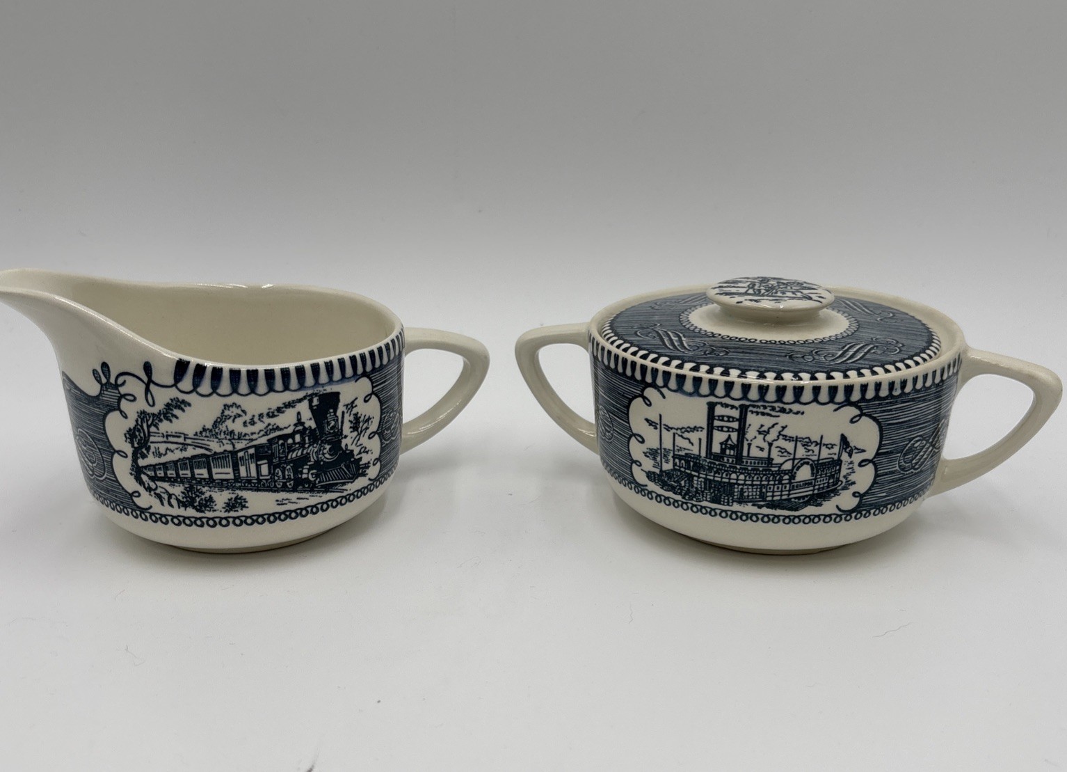 Vintage Royal China Currier & Ives Blue Sugar Bowl & Creamer Train Streamboat