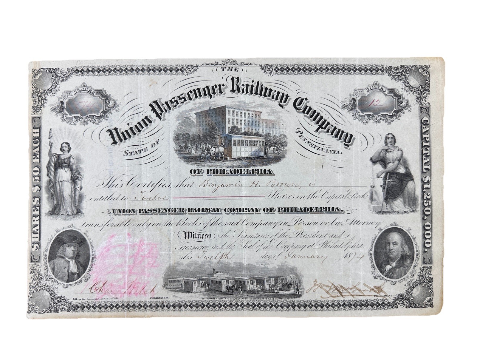 1874 Union Passenger Railway Company of Pennsylvania Capital Stock Certificate 1874 Union Passenger Railway Company of Pennsylvania Capital Stock Certificate