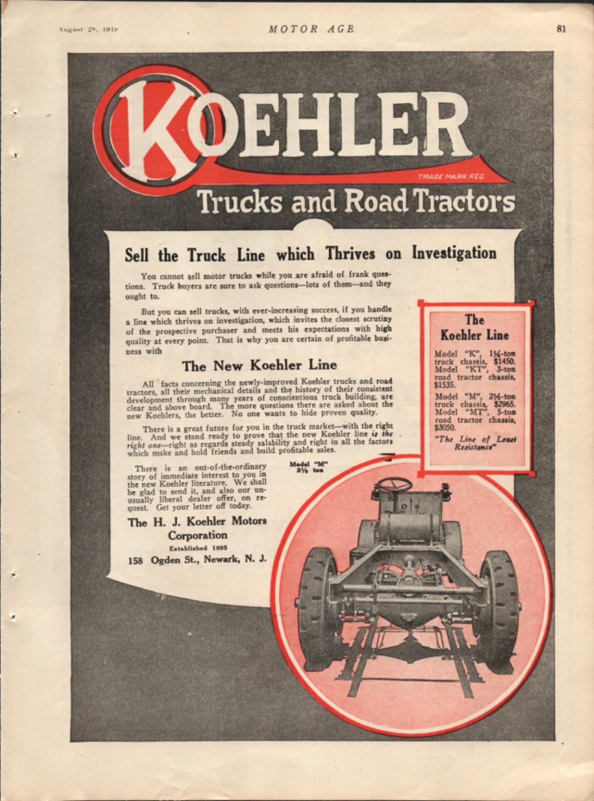 1919 KOEHLER TRUCKS & ROAD TRACTORS antique magazine advertisement NEWARK, N.J.