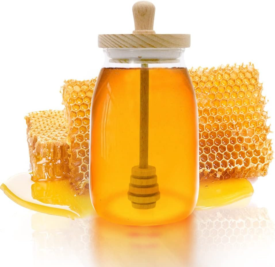 Honey Jar with Dipper and Lid, 17 Oz Glass Beehive Honey Pot