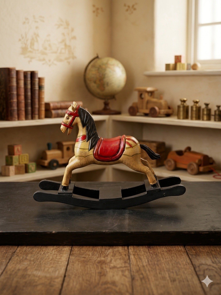 Vintage Hand Carved Wood Rocking Horse Figurine Painted Folk Art Decor 8\