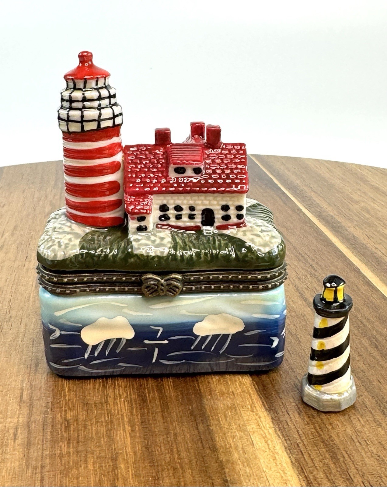 Porcelain Hinged Trinket Box Lighthouse Seashore Ocean Nautical #8